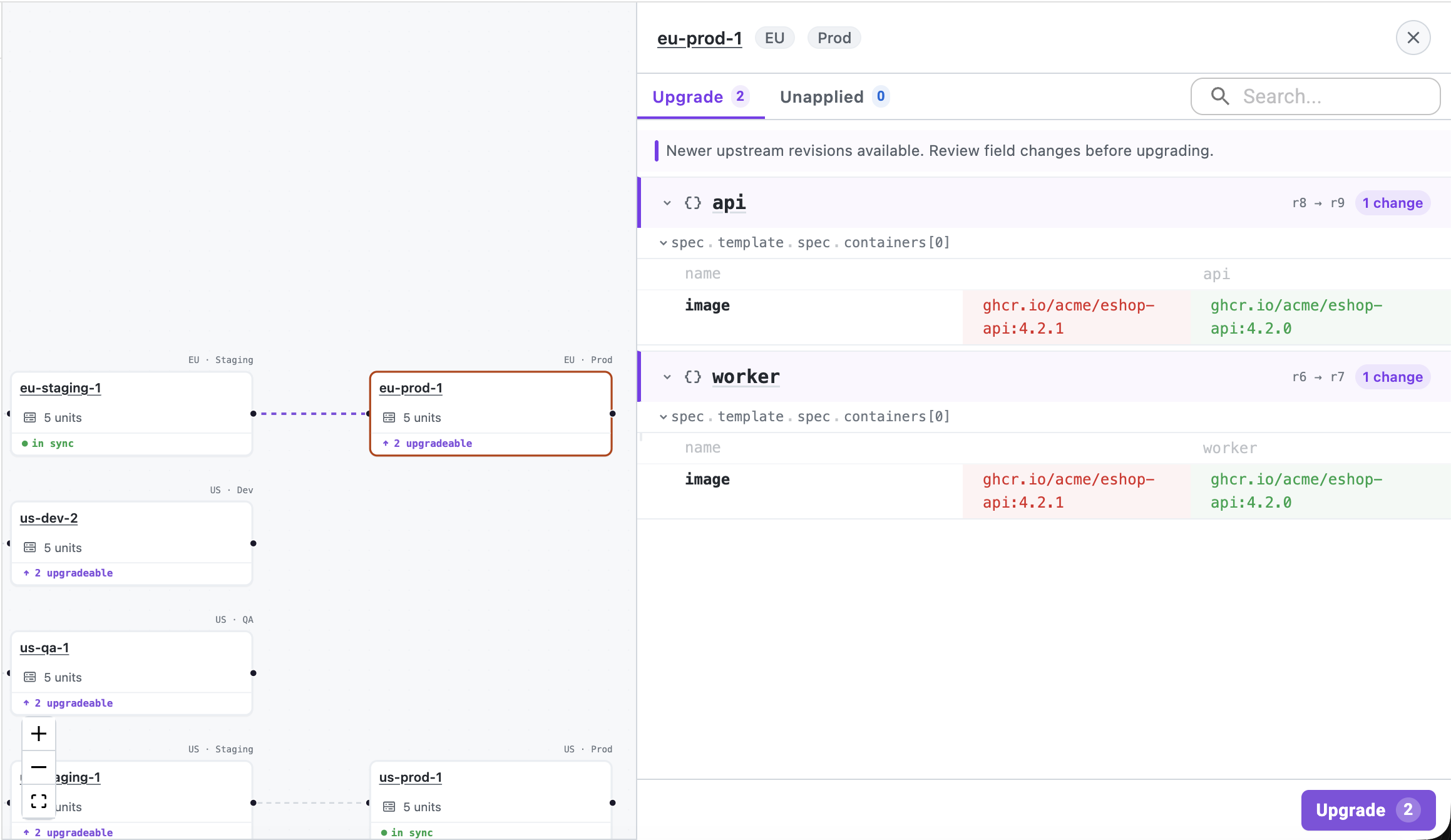 Upgrade pane for eu-prod-1 showing the same image tag changes ready to merge